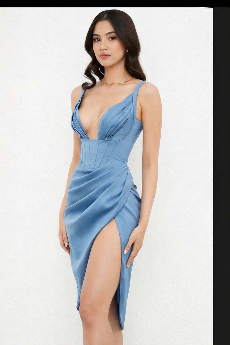 Clothing : Midi Dresses : 'Faye' Blue Satin Corset Midi Dress,